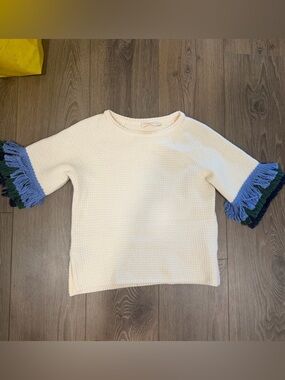 Tory Burch Cream Knit Top with Blue and Green Fringe Sleeves XS